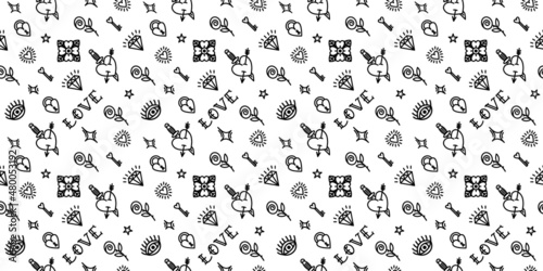 monochrome Old School Style Pattern for Valentine s Day. Background with love symbols 