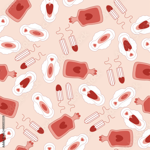 Menstruation hygiene.Menstruation concept. Seamless endless pattern.Vagina Symbol,female period with menstrual blood,sanitary pad,tampon,hot water bottle,. Feminism.Vector illustrations