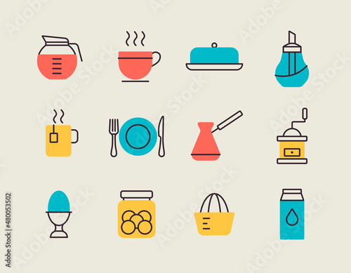 Breakfast and kitchen vector icon set