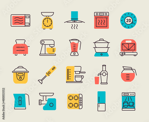 Kitchen appliances electronic equipment icon set