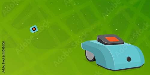 robotic lawnmower mowing lawn from a bird's eye view and additional lawnmower in front