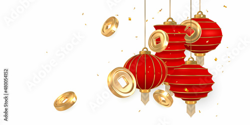 Asian traditional elements on white background .Chinese gold coin with square hole. Chinese festivals shine lanterns. Vector illustration