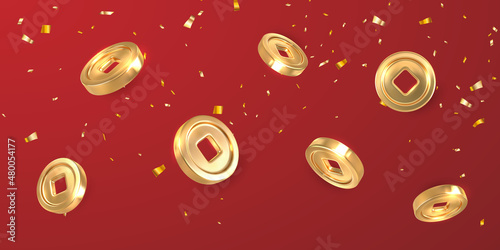 Asian traditional coins with confetti flying on red background .Chinese gold coin with square hole. Vector illustration
