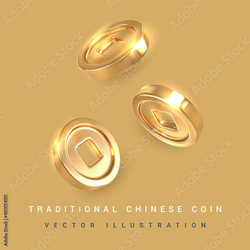 3d Traditional Chinese gold coin with square hole. Asian traditional elements. Vector illustration