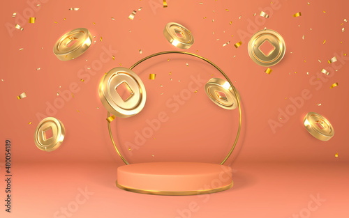 Happy Chinese New Year. Stage for product on cylinder podium with Asian traditional coins. Chinese gold coin with square hole. Vector illustration