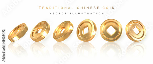 Fotografering 3d Traditional Chinese gold coin with square hole