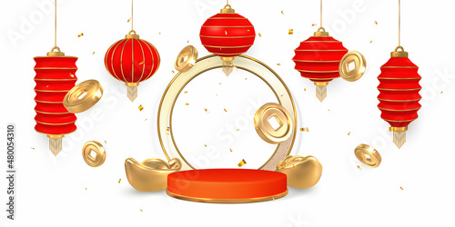 Happy Chinese New Year. Stage for product on cylinder podium with Chinese festivals shine lanterns, gold coins and ingots. Asian traditional elements. Vector illustration