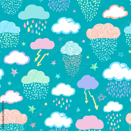 Kids seamless vector repeat pattern with decorated clouds, rain drops, lightning bolts, stars. Great for kids, boys projects, beach, bedding and more
