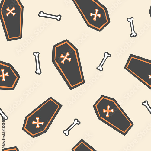 All over Halloween seamless vector repeat pattern with tossed black coffins and bones on cream background, orange accents. Simple and sophisticated 4 way Halloween backdrop