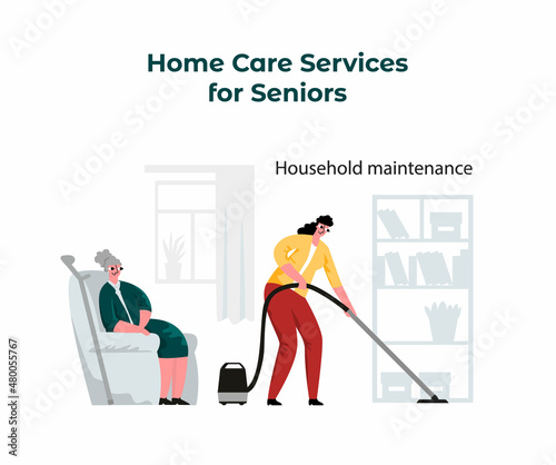 Vector flat illustration in the concept of helping the elderly, household maintenance, service. It depicts an elderly disabled woman and housekeeper from service who vacuuming.