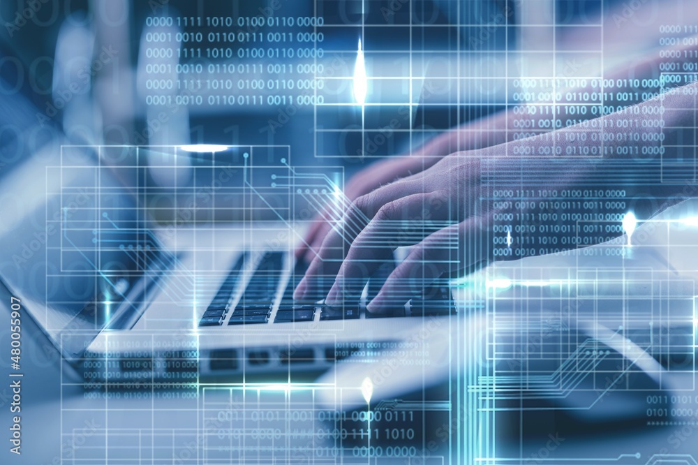 Business man using computer, futuristic cyberspace and decentralized finance coding background,