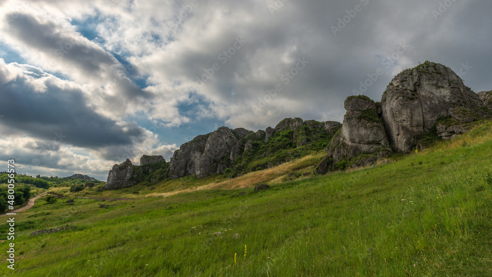 Jurassic valley with vast limestone rock outcrops in Olsztyn near Czestochowa, Silesian Voivodeship, Poland