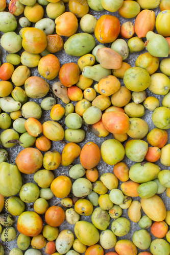 Flatlay of unripe underripe blemished tomatoes spread on a sack  Top view of green and orange tomatoes