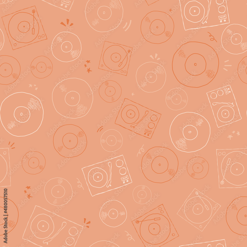 Vector retro turntable record players and vinyl records seamless repeat pattern background. Perfect for fabric, wallpaper, wrapping paper, scrapbooking projects. Vector retro turntable record players and vinyl records seamless repeat pattern background. Perfect for fabric, wallpaper, wrapping paper, scrapbooking projects.