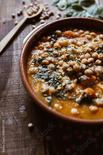 Vegan food north Spain food. Chickpeas with chard. Potaje is a typical Spanish dish. photo