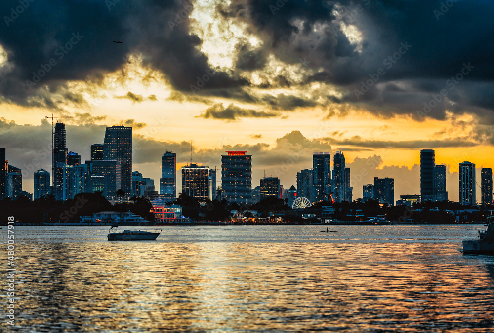 Miami Florida city skyline at sunset clouds beautiful 