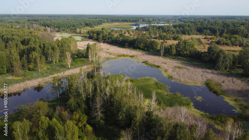 Aerial view of a lakes and forest with green trees and dry grass. Landscape scene. Ukraine © Yevheniia Kudrova