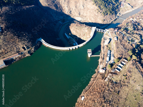 Aerial view of dam of Kardzhali Reservoir, Bulgaria