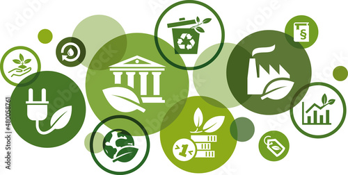 Green deal vector illustration. Concept on sustainable / environmental policy change & investment, ecological technology & eco industry, legal limit to emission, climate neutrality, renewable energy. photo