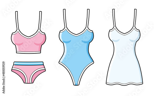 Pink sports top or bra with panties, blue bodysuit and white nightgown sleepshirt isolated, woman lingerie underwear items set cartoon vector illustration.