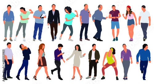 Cartoon men and women walking outdoors in the city. Flat colorful vector illustration
