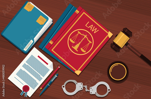 Judge gavel Arrest warrant and legal book on wooden table. Vector