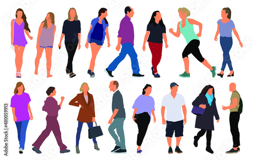Cartoon men and women walking outdoors in the city. Flat colorful vector illustration
