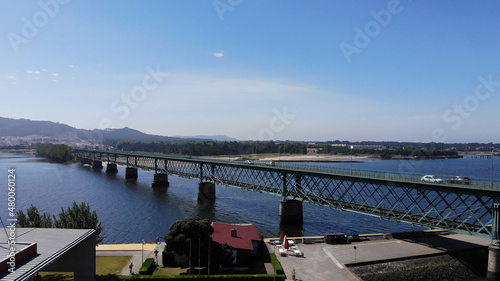 Aerial view of a bridge over the river Lima, linking the parish of Santa Maria Maggiore, in Viana do Castelo, Darque. Was opened in 1878, having been designed by the architect Gustave Eiffel.