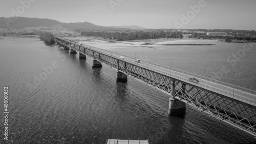 Aerial view of a bridge over the river Lima, linking the parish of Santa Maria Maggiore, in Viana do Castelo, Darque. Was opened in 1878, having been designed by the architect Gustave Eiffel.