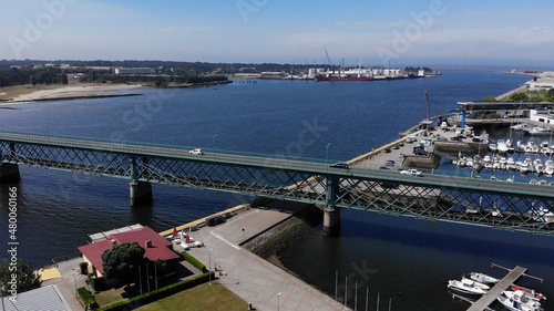Aerial view of a bridge over the river Lima, linking the parish of Santa Maria Maggiore, in Viana do Castelo, Darque. Was opened in 1878, having been designed by the architect Gustave Eiffel.