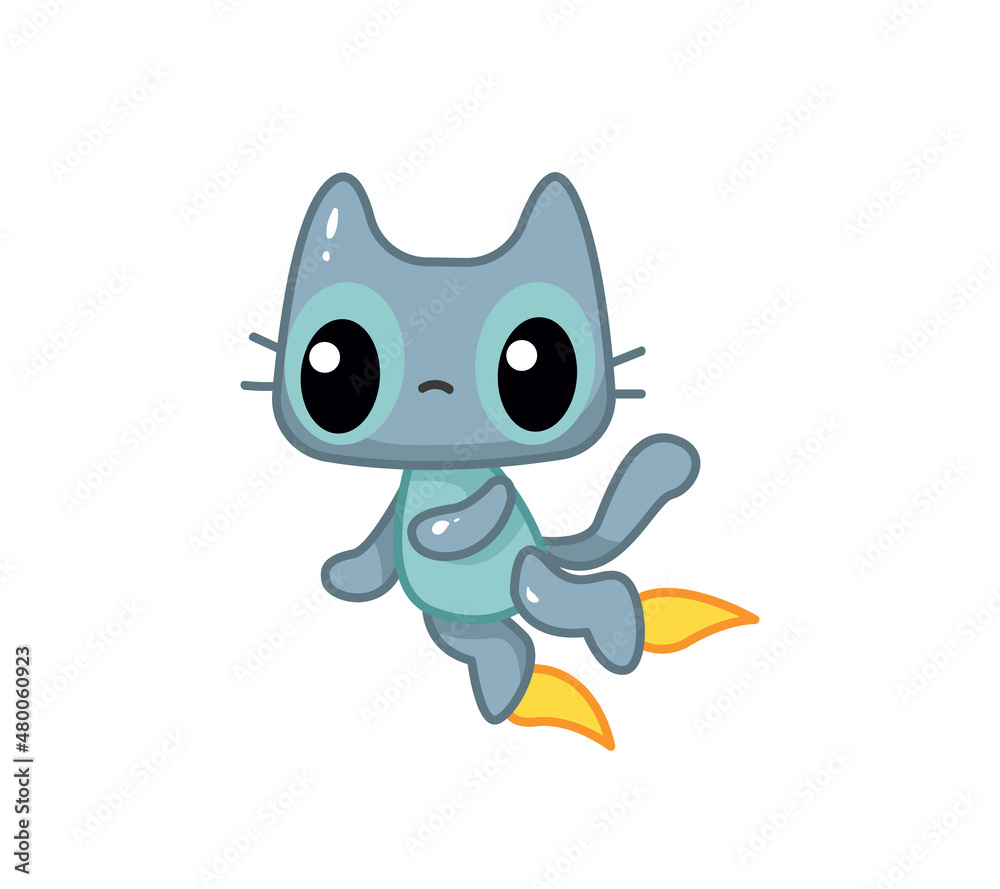 Space kitty robot with a jet engine. Metal cat in a cute cartoon style. Artie isolate on white background. Fantasy character animal from the future