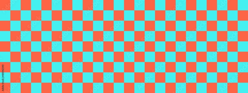 Checkerboard banner. Cyan and Tomato colors of checkerboard. Small squares, small cells. Chessboard, checkerboard texture. Squares pattern. Background. Checkerboard banner. Cyan and Tomato colors of checkerboard. Small squares, small cells. Chessboard, checkerboard texture. Squares pattern. Background.
