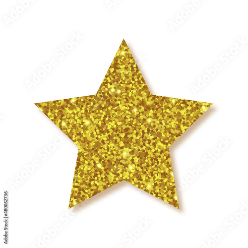 Gold shiny glitter glowing star with shadow isolated on white background. Vector illustration