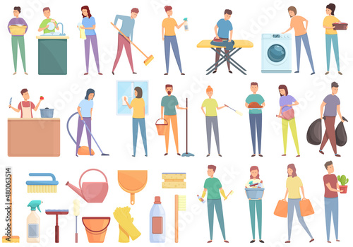 Household occupations icons set cartoon vector. Clean surface. Sanitary hygiene © nsit0108
