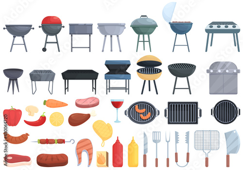 Grill icons set cartoon vector. Round cooking. Food equipment