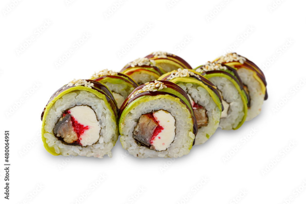 Sushi roll with avocado, eel, tobiko caviar, sesame seeds, unagi sauce and Philadelphia cheese. isolated on white background Sushi roll with avocado, eel, tobiko caviar, sesame seeds, unagi sauce and Philadelphia cheese. isolated on white background