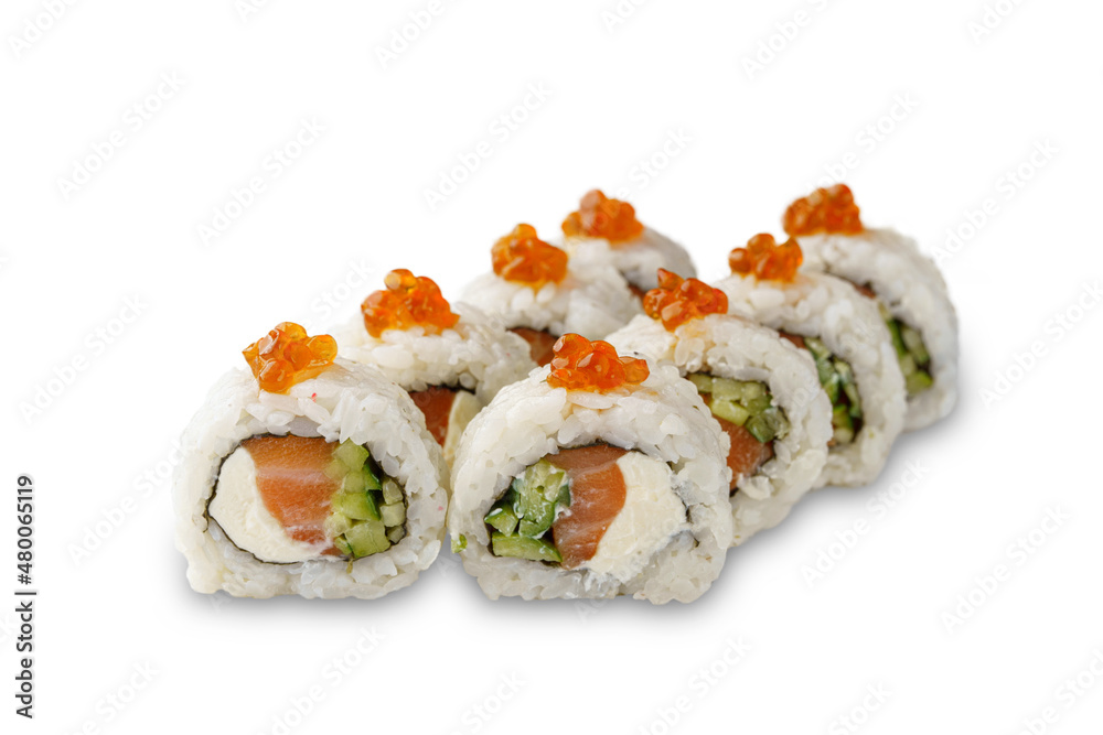 Sushi roll with salmon, cucumber, red caviar and Philadelphia cheese. Isolated on white background Sushi roll with salmon, cucumber, red caviar and Philadelphia cheese. Isolated on white background