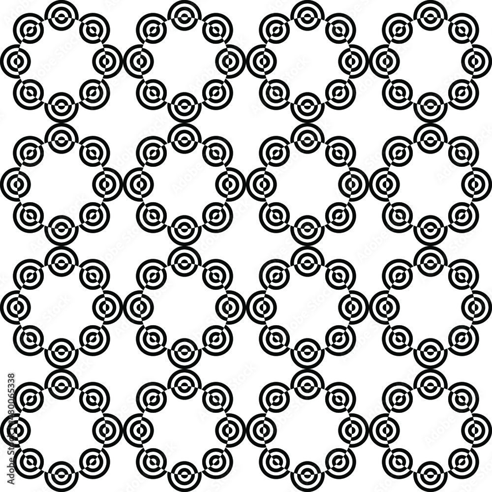 Seamless pattern with monochrome circles, rings, spirals. Abstract geometric shapes texture. Minimalistic composition for textile, web design, cards, background. Vector illustration