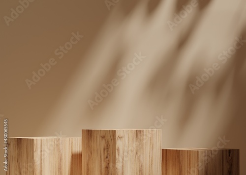 Fototapeta Naklejka Na Ścianę i Meble -  Modern wood pedestal or podium for product showcase. Boxes shapes pedestal. Beige color background. Empty stage. 3d render illustration