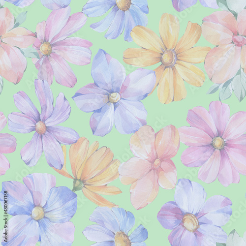 Floral abstract pattern. Seamless botanical ornament  watercolor painting digitally processed. Delicate flowers for design  packaging and wallpaper. Drawn flowers on an abstract background.