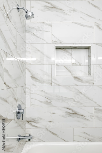Modern White and Gray Marble Tile in Bath with Toiletry Recess © Gina