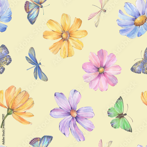 Floral  botanical seamless pattern. Watercolor ornament of flowers  butterflies and dragonflies on an abstract background.