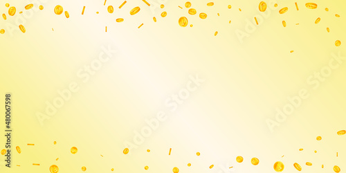 Swiss franc coins falling. Immaculate scattered CHF coins. Switzerland money. Imaginative jackpot, wealth or success concept. Vector illustration.