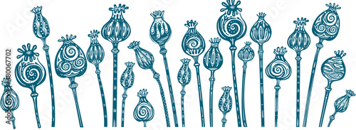 Set of Decorative Poppy Heads vector Stencil