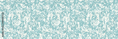 Aegean teal mottled border strip linen texture background. Summer coastal living style home decor fabric effect. Sea green wash grunge edge material. Decorative textile seamless pattern banner. 