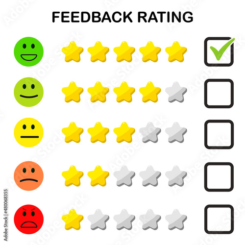 Feedback of Emoji And Rating Star Icon Set. Vector Set of Emoticons. Sad and Happy Mood Icons. Vote Scale Check Mark Symbol Set.