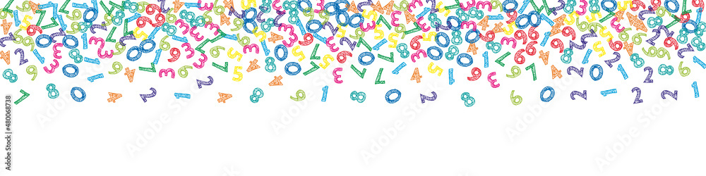 Falling colorful sketch numbers. Math study concept with flying digits. Cool back to school mathematics banner on white background. Falling numbers vector illustration.