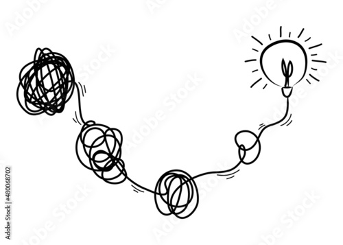 scribble line doodles. the concept of transition from complicated to simple with bulb lamp, idea concept with lightbulbs. vector illustrations