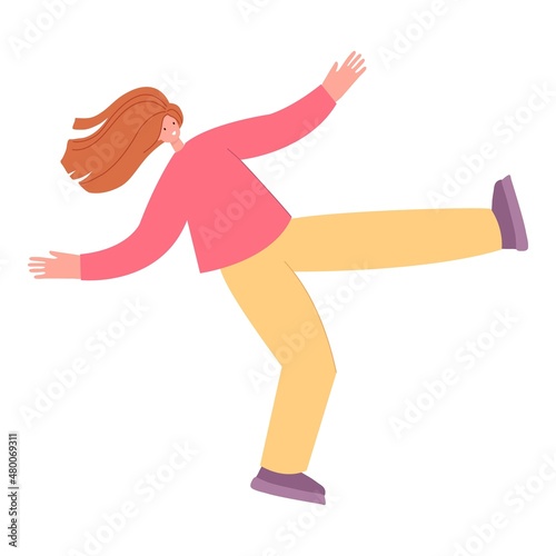 Woman falling down with different things. Female character fly, isolated girl fall with pizza, bag, book and computer monitor, vector concept