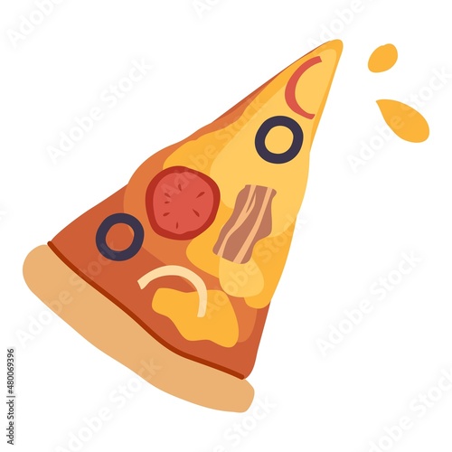 Pizza slice falling down with different things. Pizza slice fly, isolated Pizza slice fall, vector concept